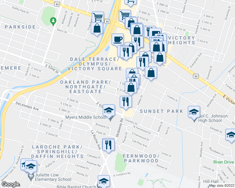 map of restaurants, bars, coffee shops, grocery stores, and more near 2002 Linnhurst Drive in Savannah