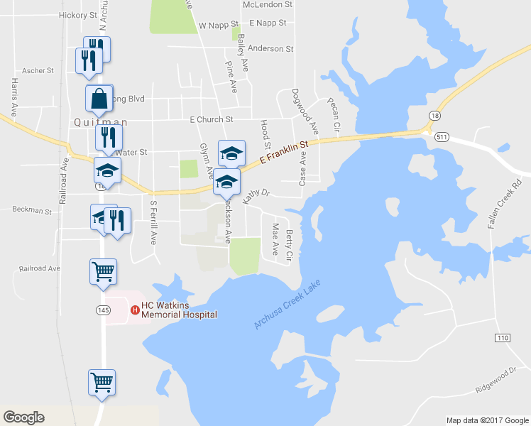 map of restaurants, bars, coffee shops, grocery stores, and more near 510 Betty Circle in Quitman