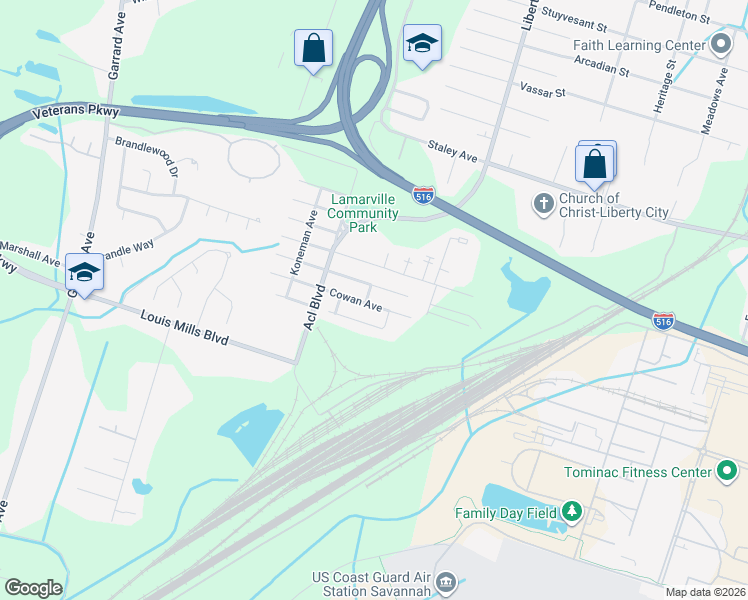 map of restaurants, bars, coffee shops, grocery stores, and more near 1920 Cowan Avenue in Savannah