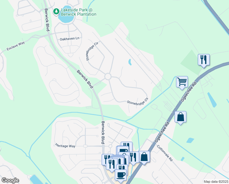 map of restaurants, bars, coffee shops, grocery stores, and more near 317 Stonebridge Circle in Savannah