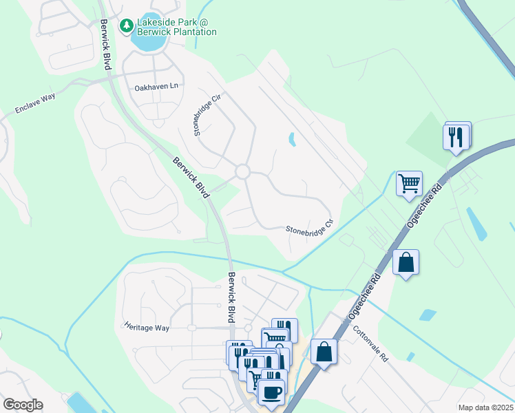 map of restaurants, bars, coffee shops, grocery stores, and more near 317 Stonebridge Circle in Savannah