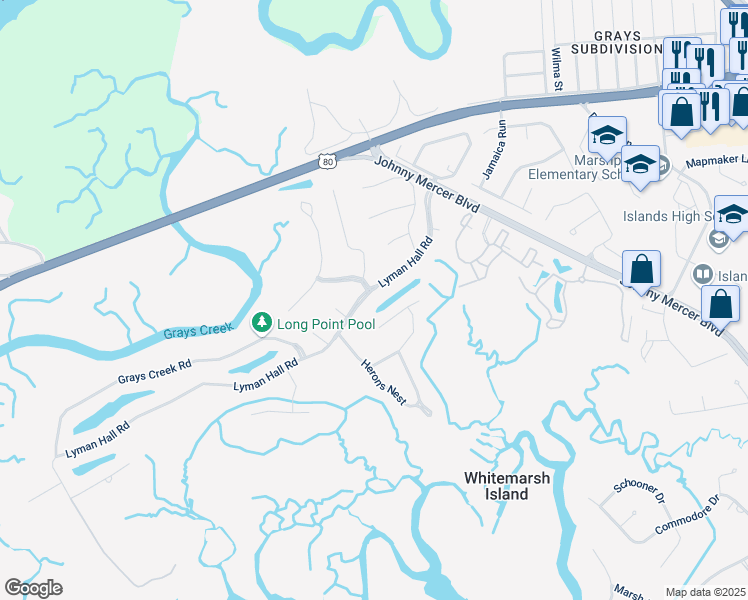 map of restaurants, bars, coffee shops, grocery stores, and more near 113 Lyman Hall Road in Savannah