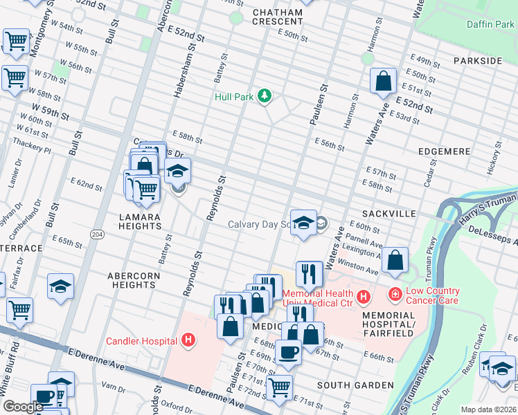 map of restaurants, bars, coffee shops, grocery stores, and more near 506 East 61st Street in Savannah