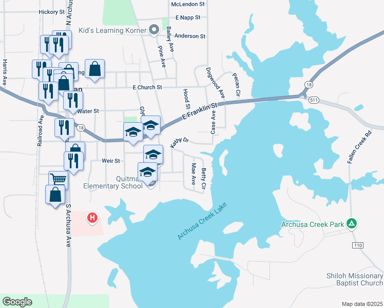 map of restaurants, bars, coffee shops, grocery stores, and more near 303 Betty Circle in Quitman