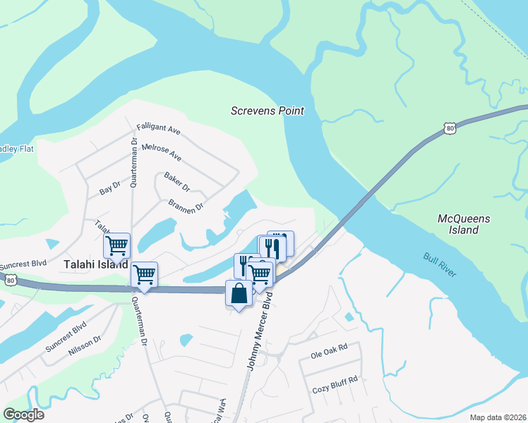 map of restaurants, bars, coffee shops, grocery stores, and more near 214 East Point Drive in Savannah