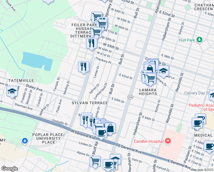 map of restaurants, bars, coffee shops, grocery stores, and more near 4646 Cumberland Drive in Savannah