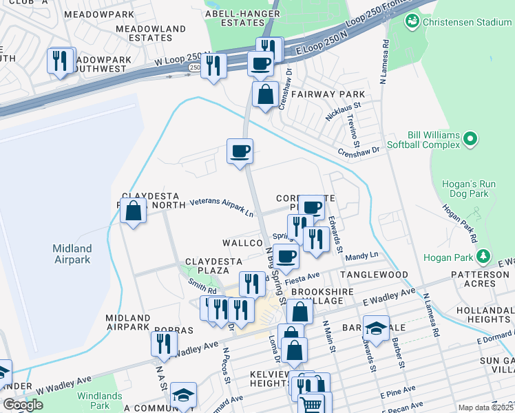 map of restaurants, bars, coffee shops, grocery stores, and more near 3801 North Big Spring Street in Midland