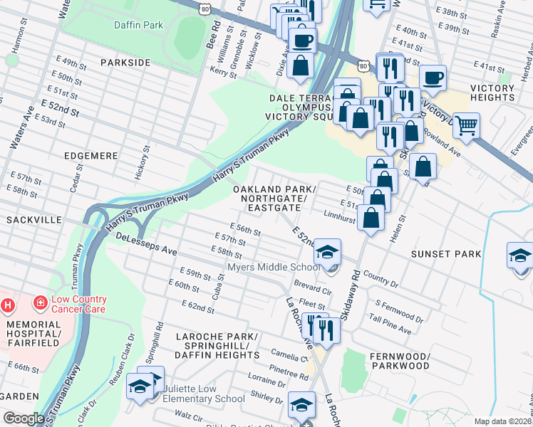 map of restaurants, bars, coffee shops, grocery stores, and more near 3712 Oakland Court in Savannah