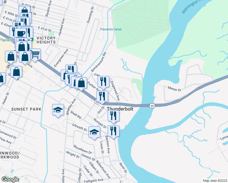 map of restaurants, bars, coffee shops, grocery stores, and more near 2611 Dogwood Avenue in Savannah