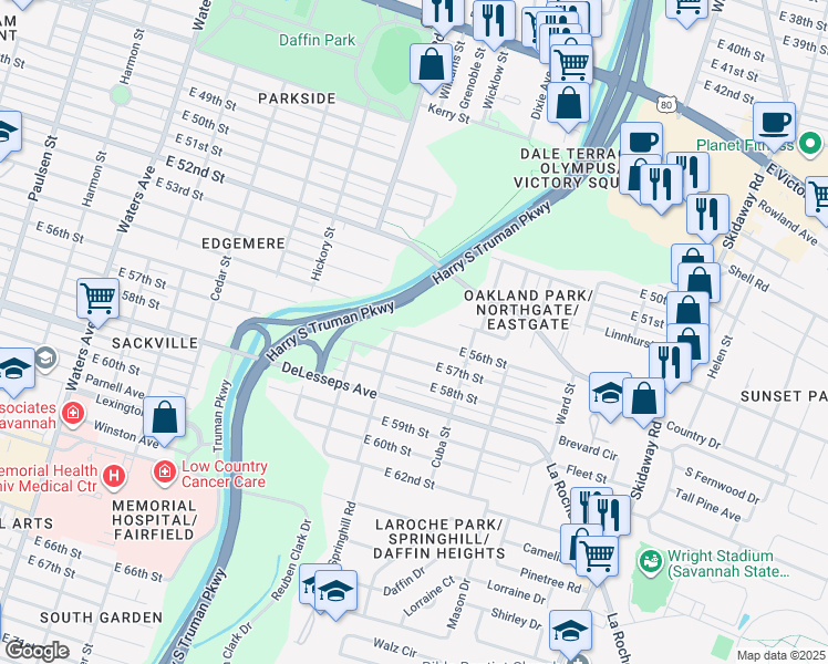 map of restaurants, bars, coffee shops, grocery stores, and more near 1910 East 56th Street in Savannah