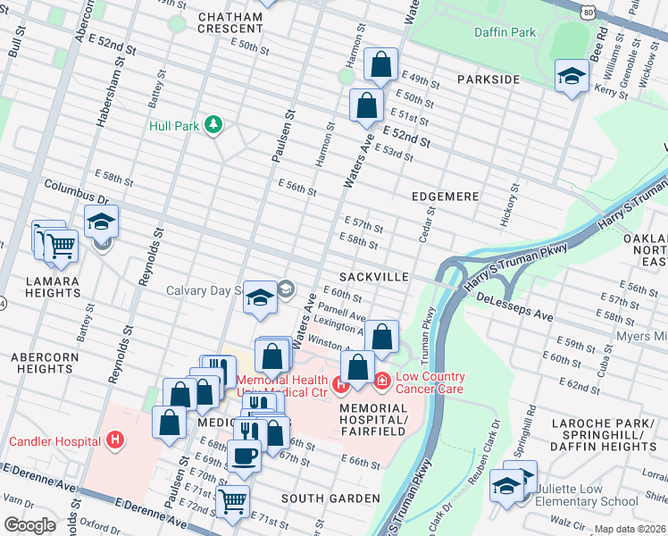 map of restaurants, bars, coffee shops, grocery stores, and more near 1110 East 59th Street in Savannah