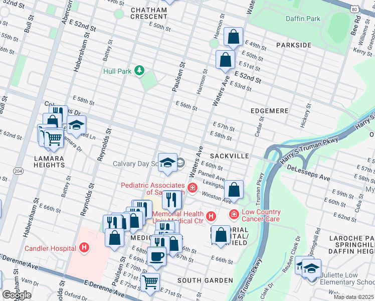 map of restaurants, bars, coffee shops, grocery stores, and more near 705 Columbus Dr in Savannah