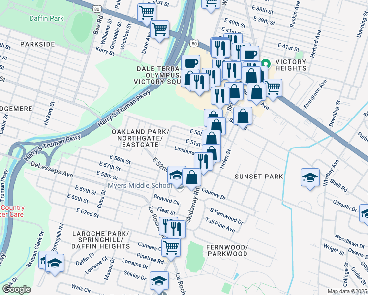map of restaurants, bars, coffee shops, grocery stores, and more near 2002 Linnhurst Drive in Savannah