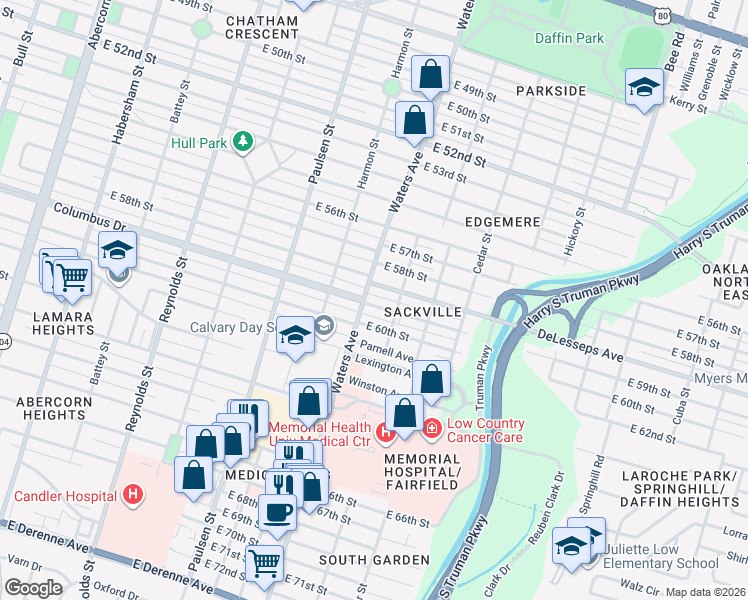 map of restaurants, bars, coffee shops, grocery stores, and more near 1110 East 59th Street in Savannah
