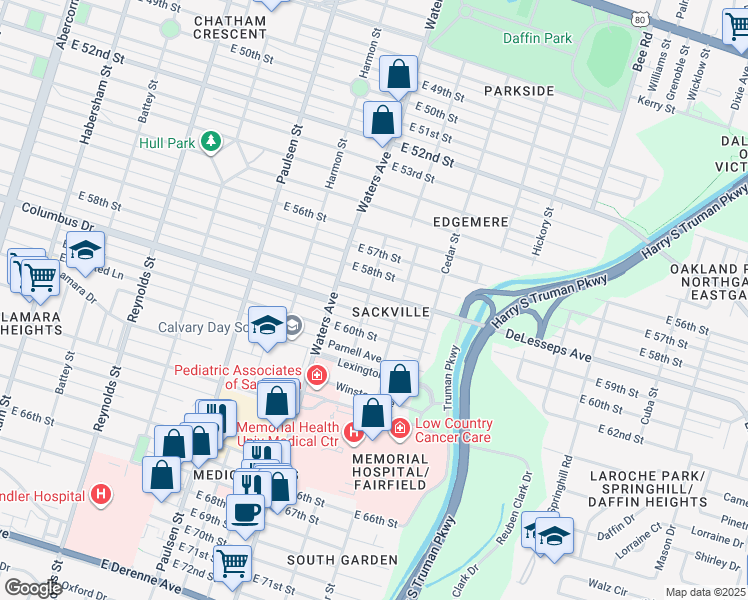 map of restaurants, bars, coffee shops, grocery stores, and more near 1208 East 59th Street in Savannah
