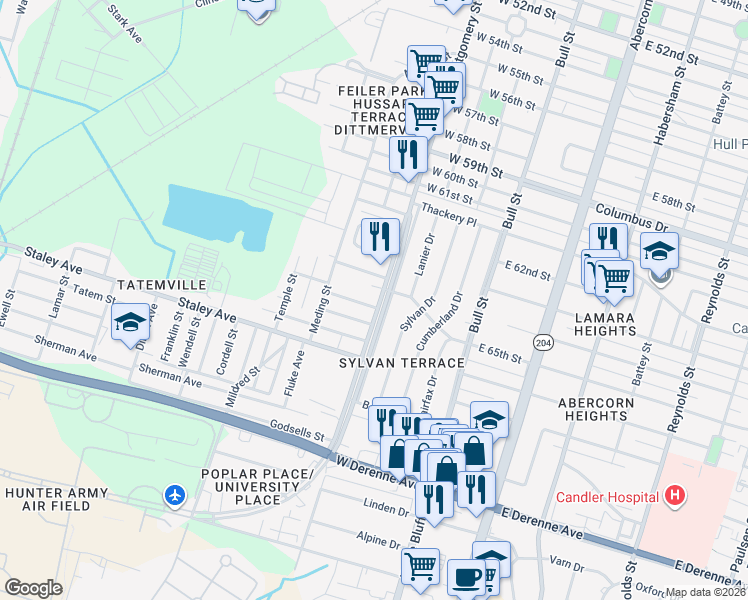 map of restaurants, bars, coffee shops, grocery stores, and more near 4909 Montgomery Street in Savannah