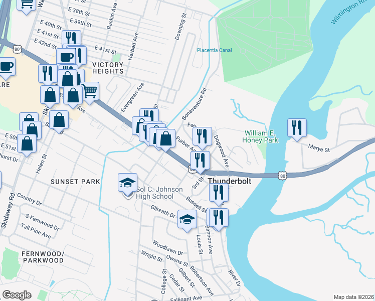 map of restaurants, bars, coffee shops, grocery stores, and more near 3110 East Victory Drive in Savannah