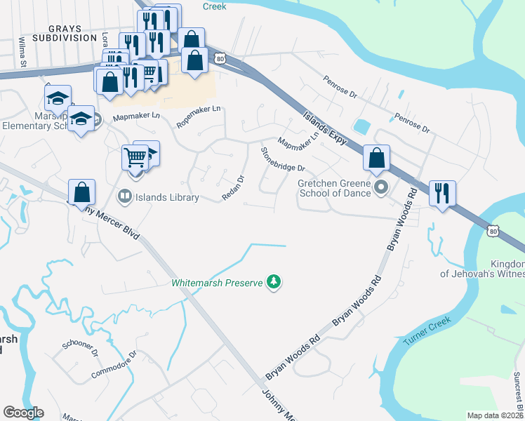 map of restaurants, bars, coffee shops, grocery stores, and more near 107 Bobstay Court in Savannah