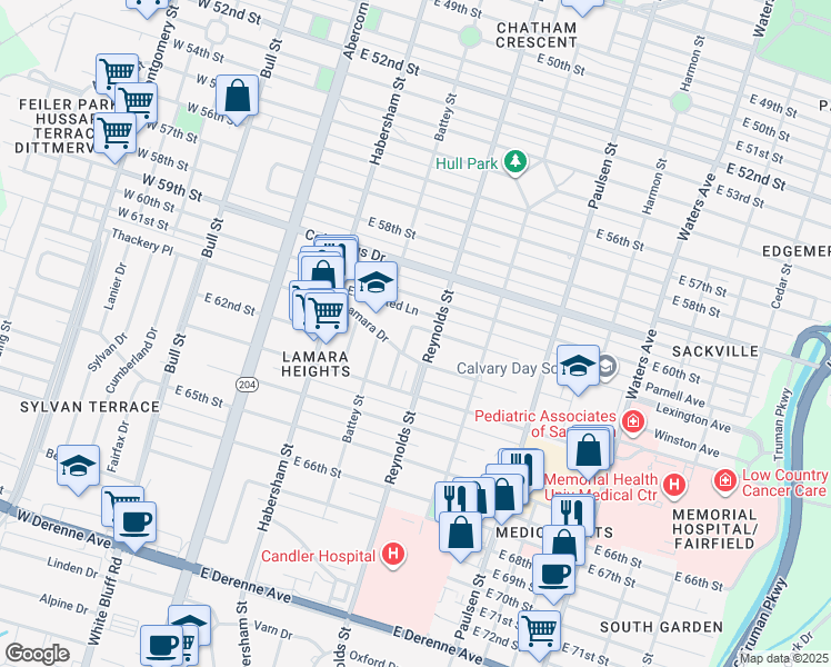 map of restaurants, bars, coffee shops, grocery stores, and more near 321 Lafayette Circle in Savannah