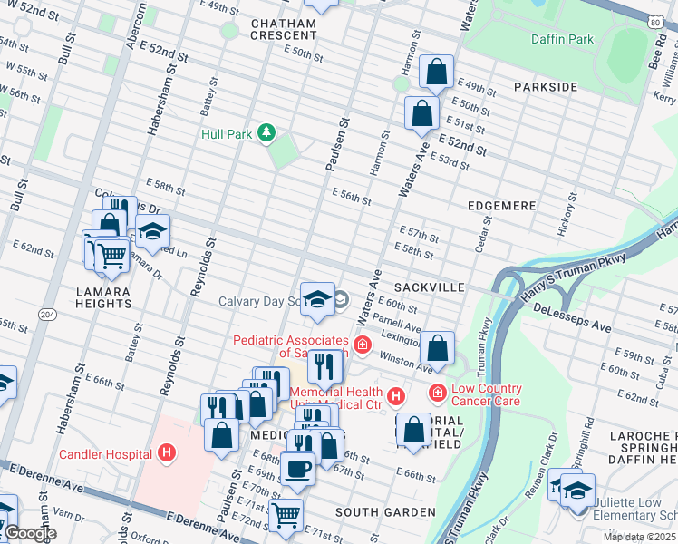 map of restaurants, bars, coffee shops, grocery stores, and more near 705 Columbus Drive in Savannah