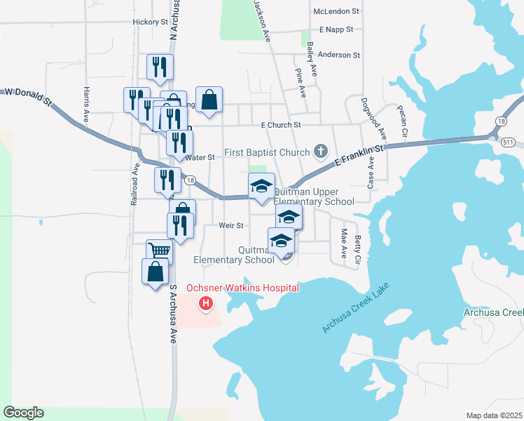 map of restaurants, bars, coffee shops, grocery stores, and more near 300 East Franklin Street in Quitman