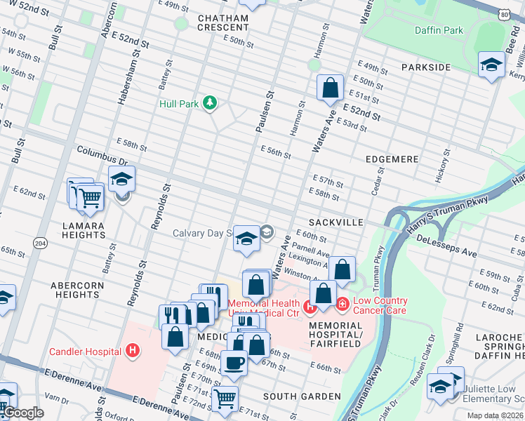 map of restaurants, bars, coffee shops, grocery stores, and more near 622 East 60th Street in Savannah