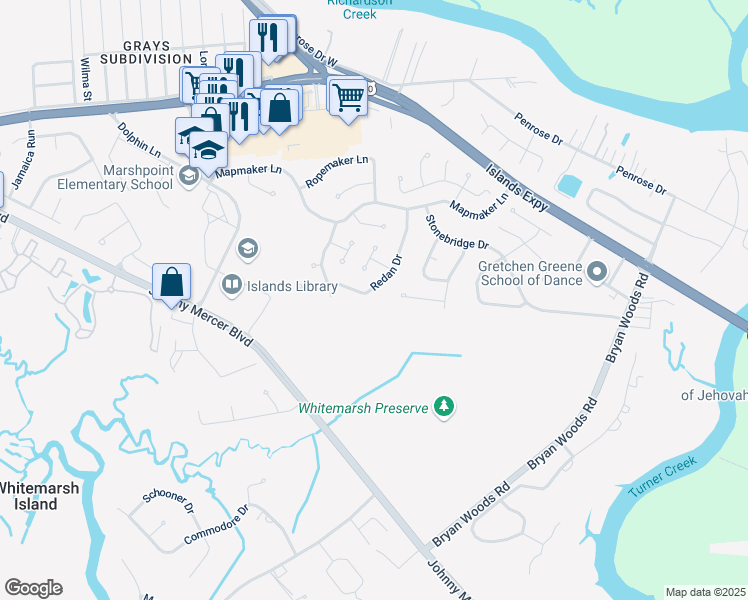 map of restaurants, bars, coffee shops, grocery stores, and more near 220 Redan Drive in Savannah