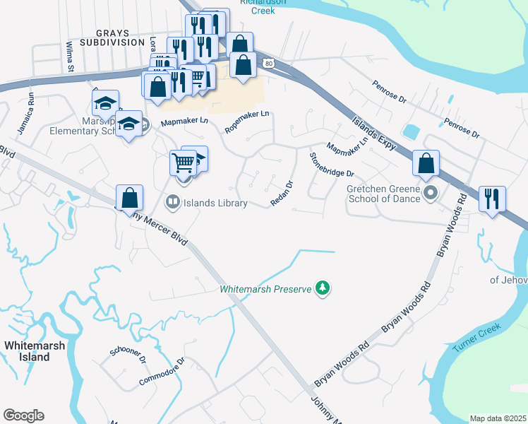 map of restaurants, bars, coffee shops, grocery stores, and more near 220 Redan Drive in Savannah