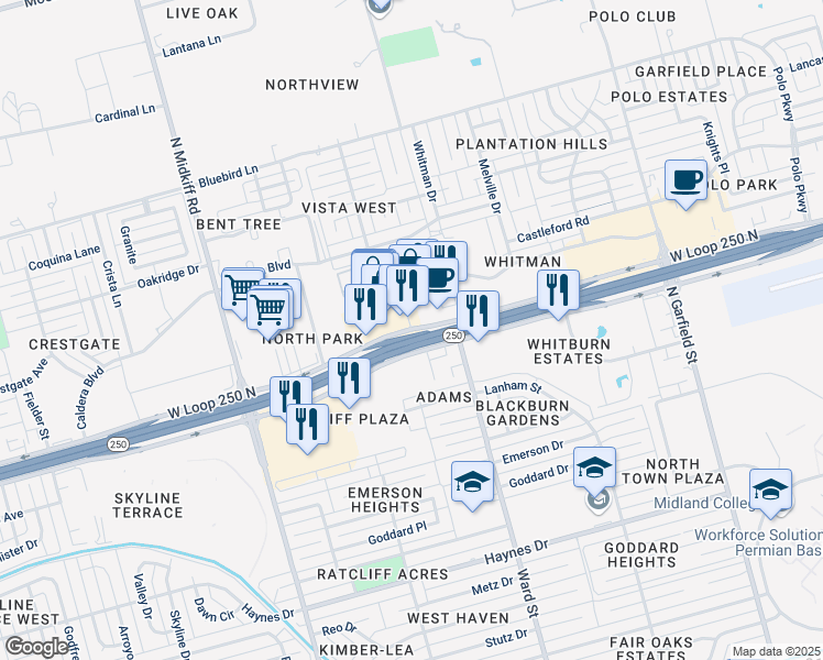 map of restaurants, bars, coffee shops, grocery stores, and more near 2818 West Loop 250 North in Midland
