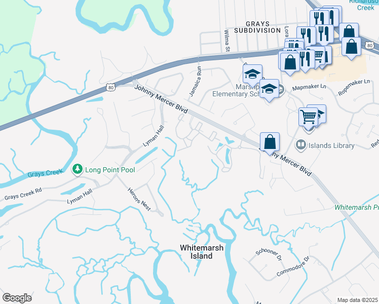 map of restaurants, bars, coffee shops, grocery stores, and more near 2331 Whitemarsh Way in Savannah