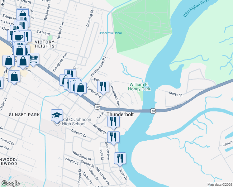 map of restaurants, bars, coffee shops, grocery stores, and more near 2610 River Drive in Savannah