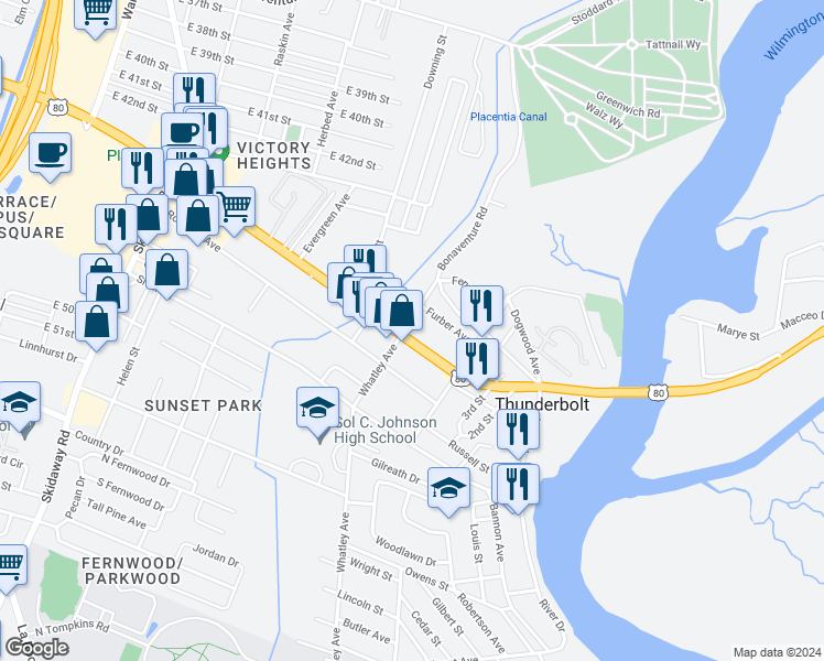 map of restaurants, bars, coffee shops, grocery stores, and more near 2800-2810 Whatley Ave in Thunderbolt