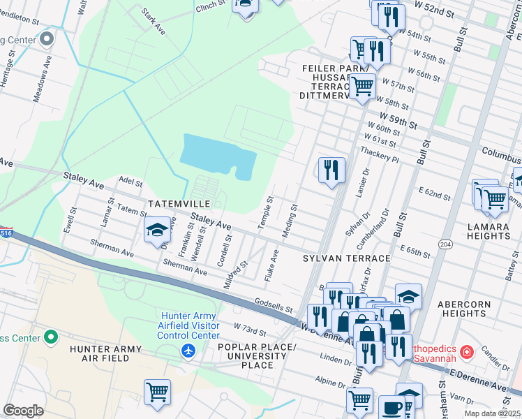 map of restaurants, bars, coffee shops, grocery stores, and more near 5026 Temple Street in Savannah