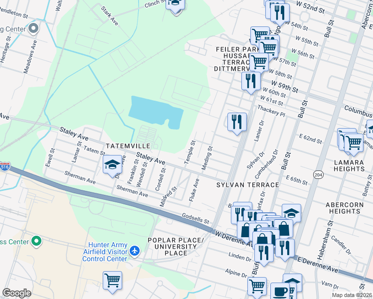 map of restaurants, bars, coffee shops, grocery stores, and more near 5026 Temple Street in Savannah