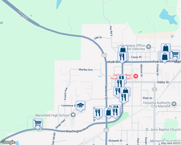 map of restaurants, bars, coffee shops, grocery stores, and more near 100 Forest Lane in Mansfield