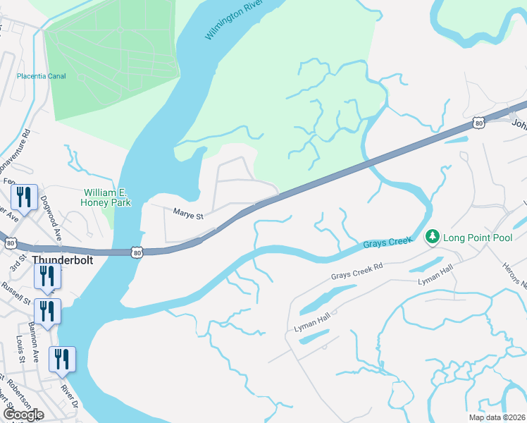 map of restaurants, bars, coffee shops, grocery stores, and more near U.S. 80 in Thunderbolt