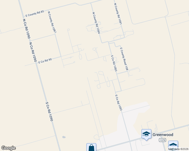 map of restaurants, bars, coffee shops, grocery stores, and more near 10505 East County Road 94 in Midland