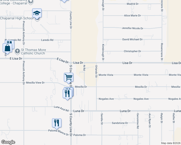 map of restaurants, bars, coffee shops, grocery stores, and more near 533 North Road in Chaparral