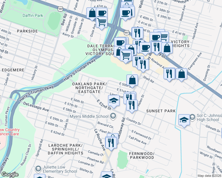 map of restaurants, bars, coffee shops, grocery stores, and more near 1915 East 51st Street in Savannah