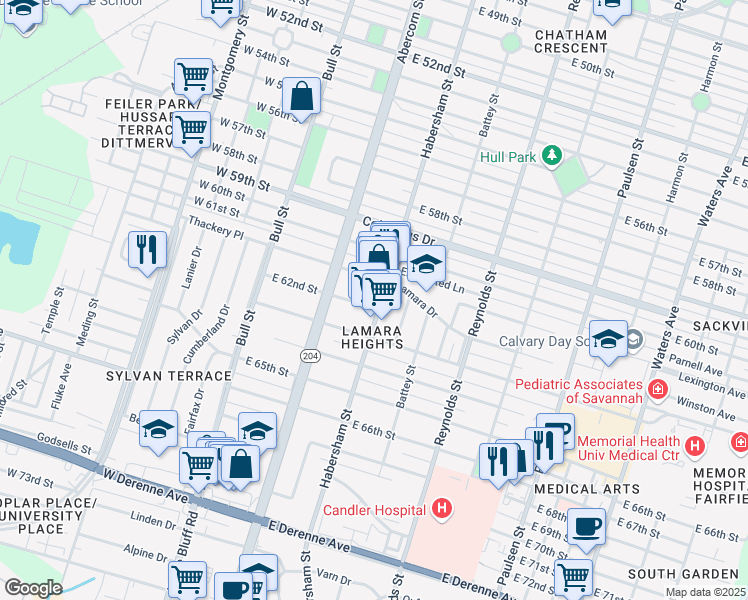 map of restaurants, bars, coffee shops, grocery stores, and more near 4521 Habersham Street in Savannah