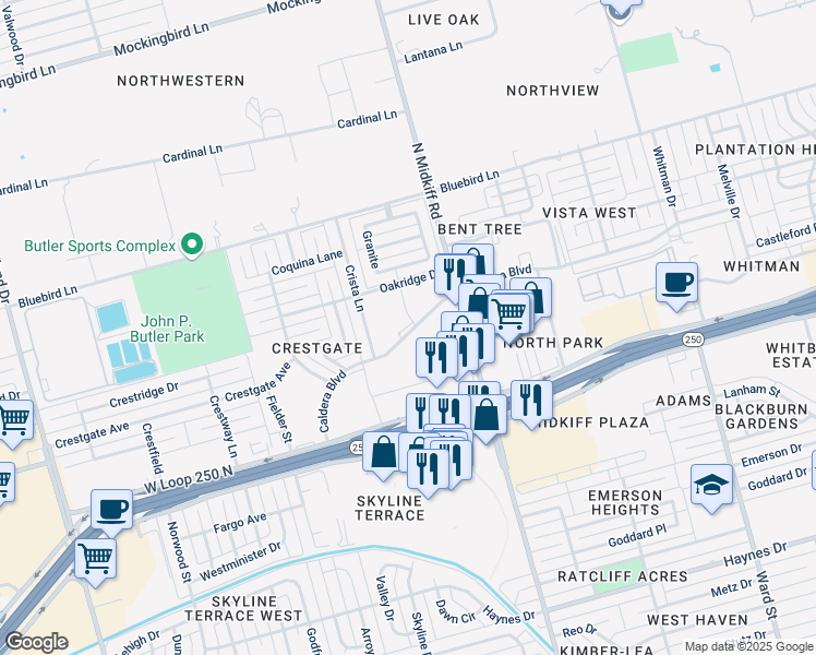map of restaurants, bars, coffee shops, grocery stores, and more near 3405 Caldera Boulevard in Midland