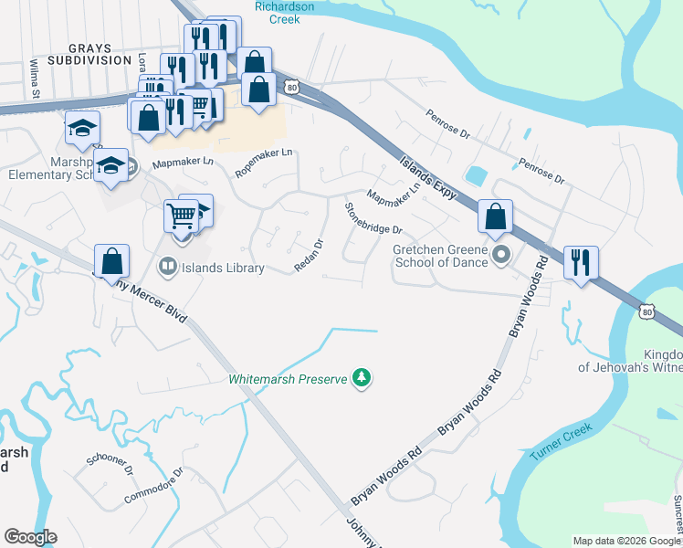 map of restaurants, bars, coffee shops, grocery stores, and more near 107 Bobstay Court in Savannah