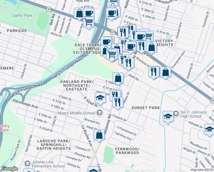 map of restaurants, bars, coffee shops, grocery stores, and more near 1936 East 50th Street in Savannah
