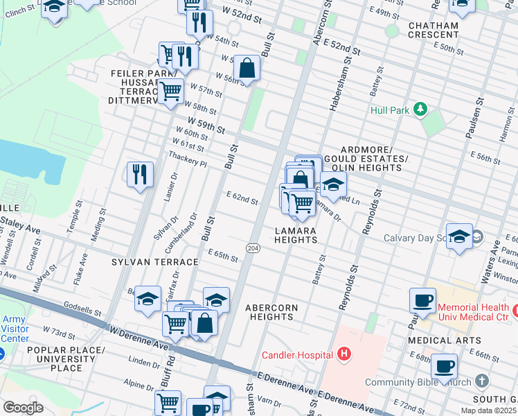 map of restaurants, bars, coffee shops, grocery stores, and more near 4512 Abercorn Street in Savannah