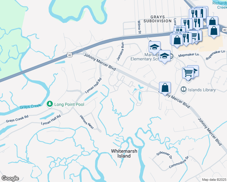 map of restaurants, bars, coffee shops, grocery stores, and more near 2612 Whitemarsh Way in Savannah