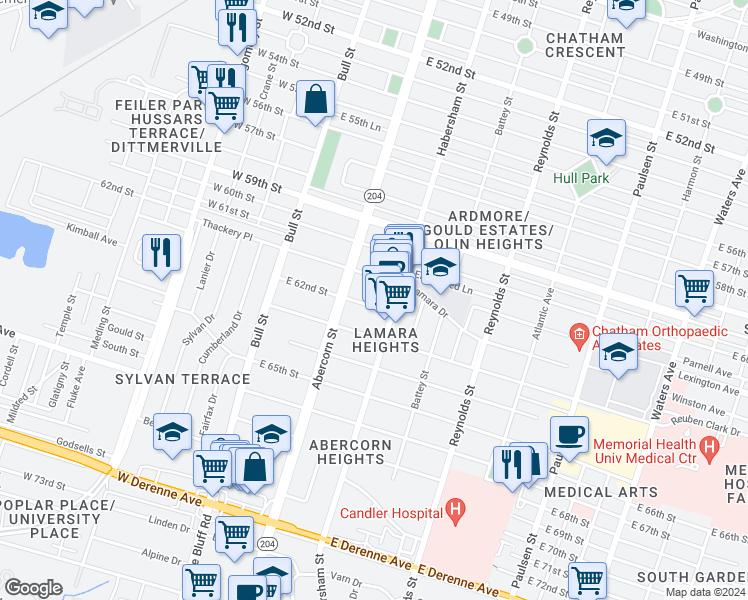 map of restaurants, bars, coffee shops, grocery stores, and more near 137 East 61st Street in Savannah