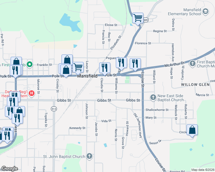 map of restaurants, bars, coffee shops, grocery stores, and more near 1101-1199 Sample Street in Mansfield