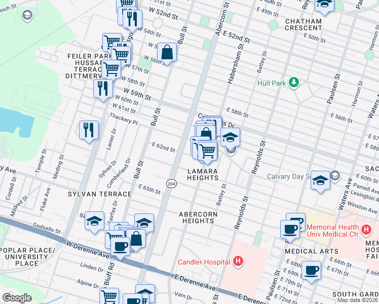 map of restaurants, bars, coffee shops, grocery stores, and more near 122 East 62nd Street in Savannah