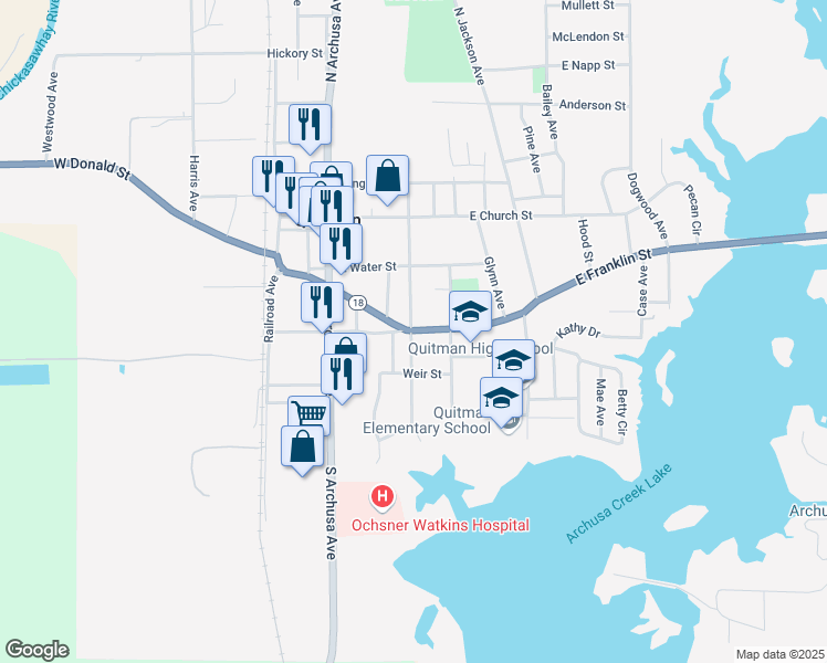 map of restaurants, bars, coffee shops, grocery stores, and more near 200 East Franklin Street in Quitman