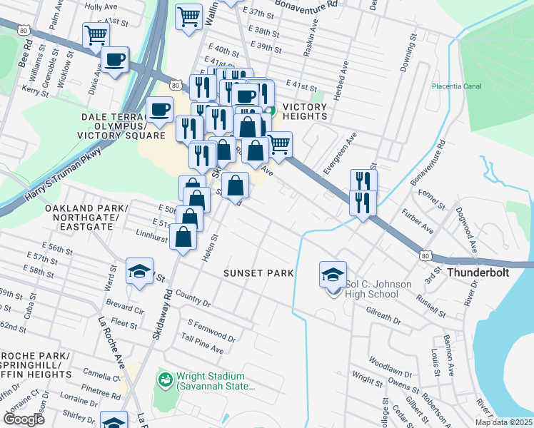 map of restaurants, bars, coffee shops, grocery stores, and more near 2205 Clars Avenue in Savannah